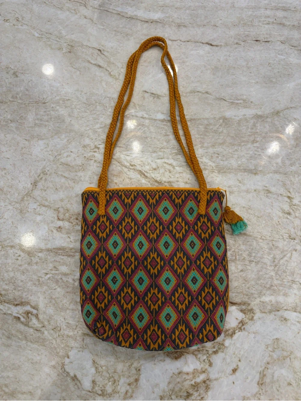 Embroidered Boho‎ Padded Shoulder Bag Mustard Woven Natural NWOT